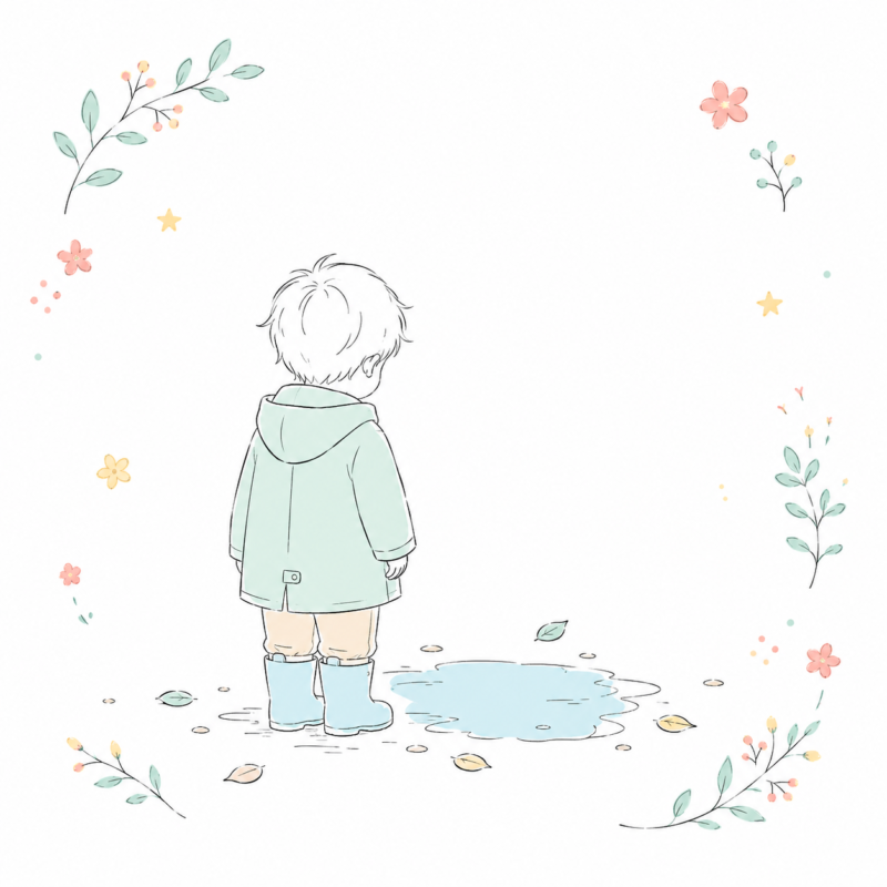 水たまりを見つめるこども