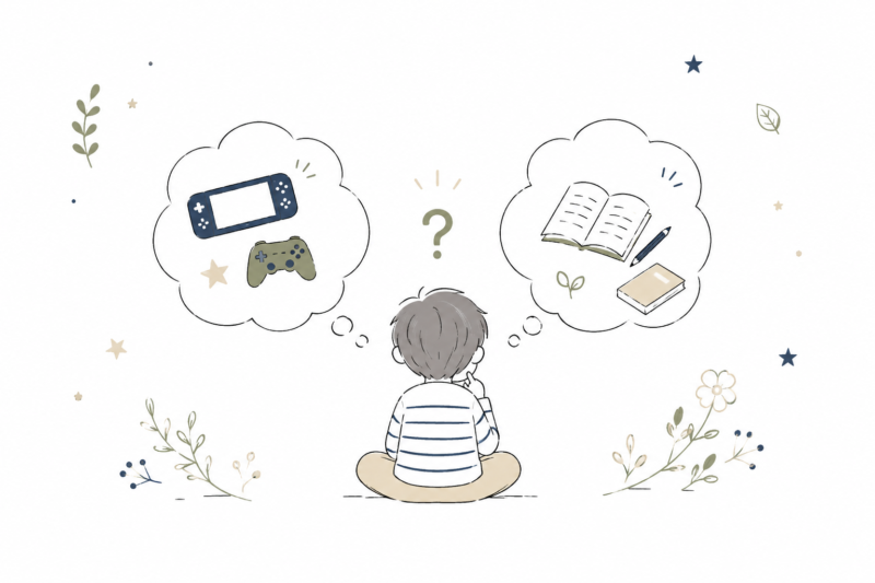ゲームか宿題か悩む姿